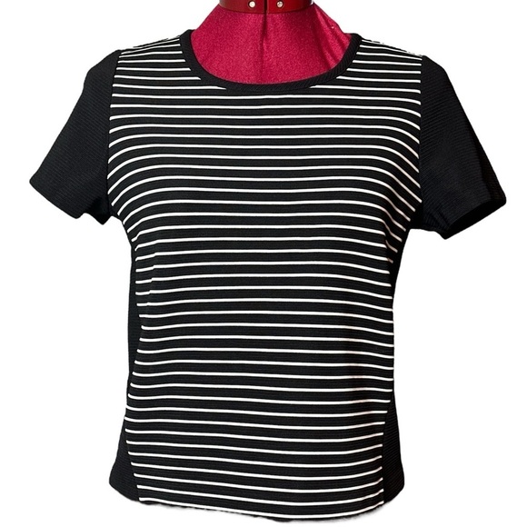 Kensie Tops - Kensie classic crew neck black white stripe shortsleeved structured top